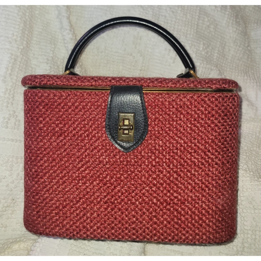 Vintage 60s Red Tweed Train Case Cosmetic Mirror READ Mod Top Handle